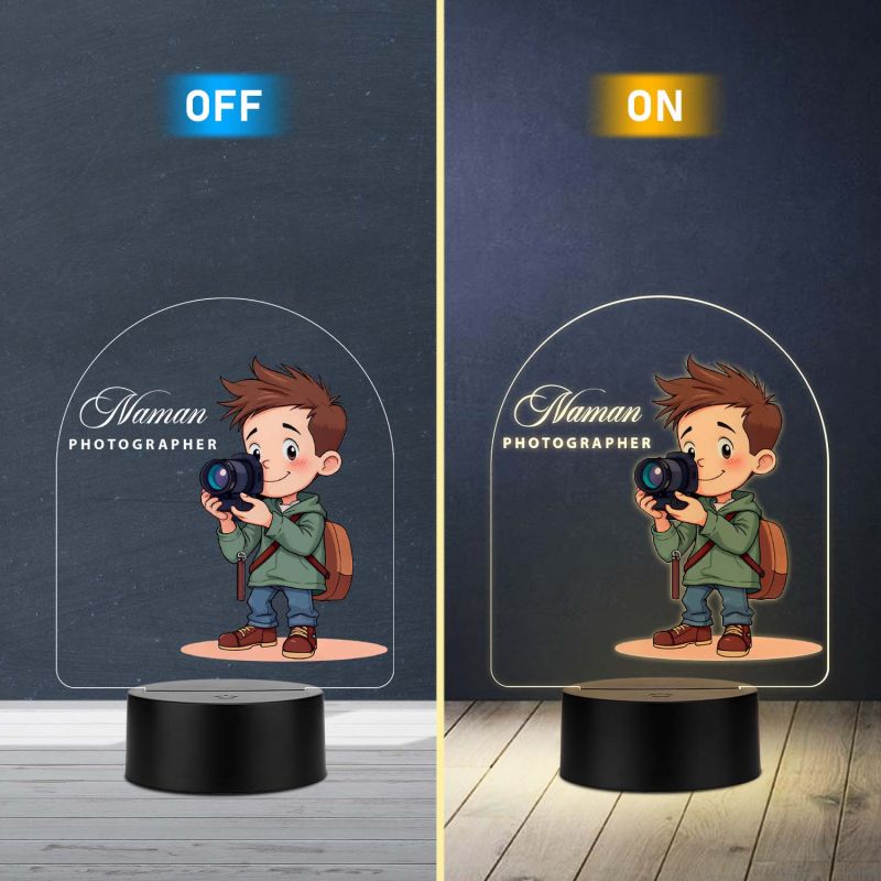 Personalized Photographer LED Night Light, Cartoon Boy with Camera Design, Warm White Acrylic Lamp Gift for Photographer Office & Home Decor Light
